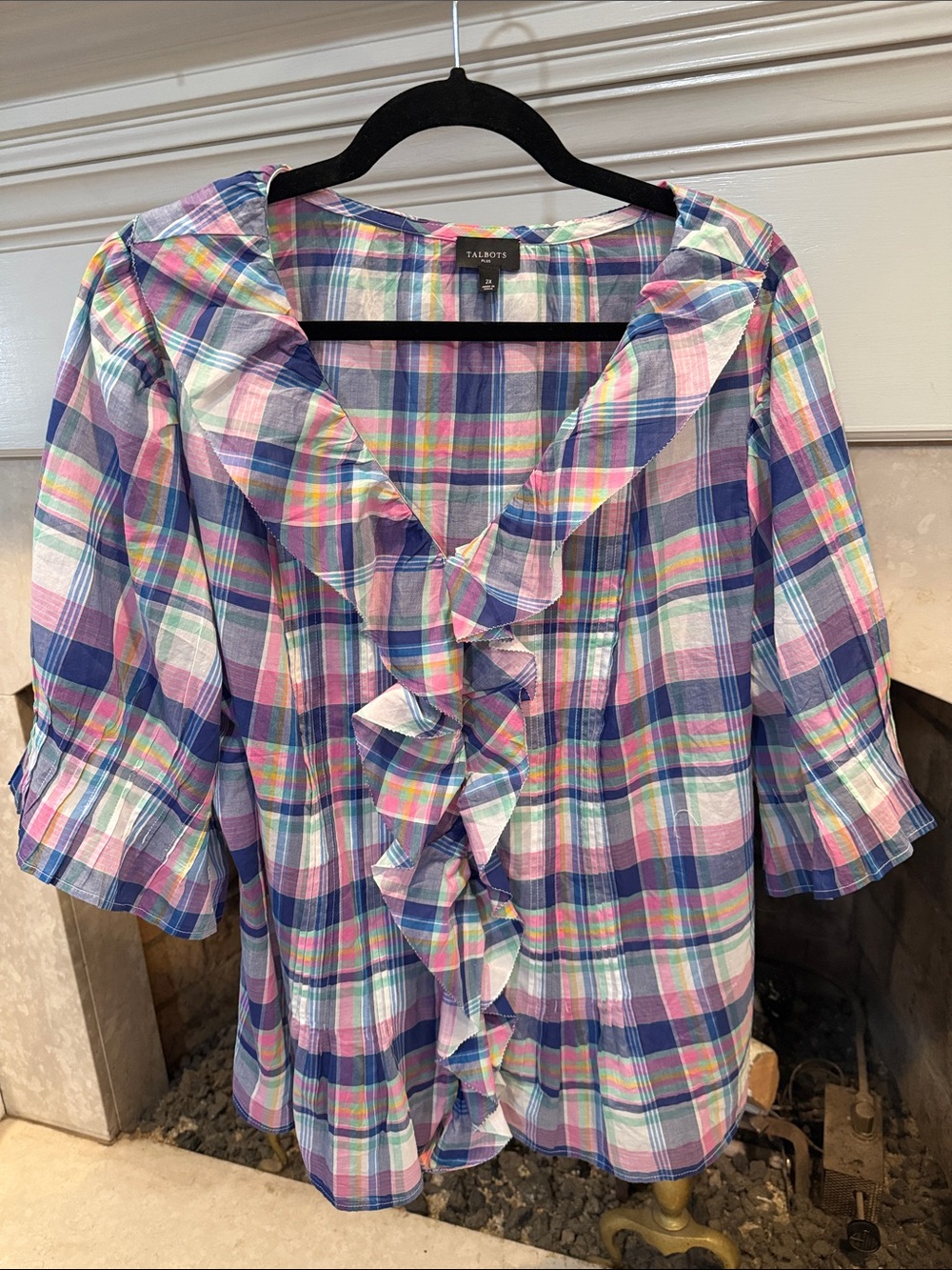 Talbots Pink, Blue & White Plaid Ruffle-Front Lightweight blouse size 2X Blouse